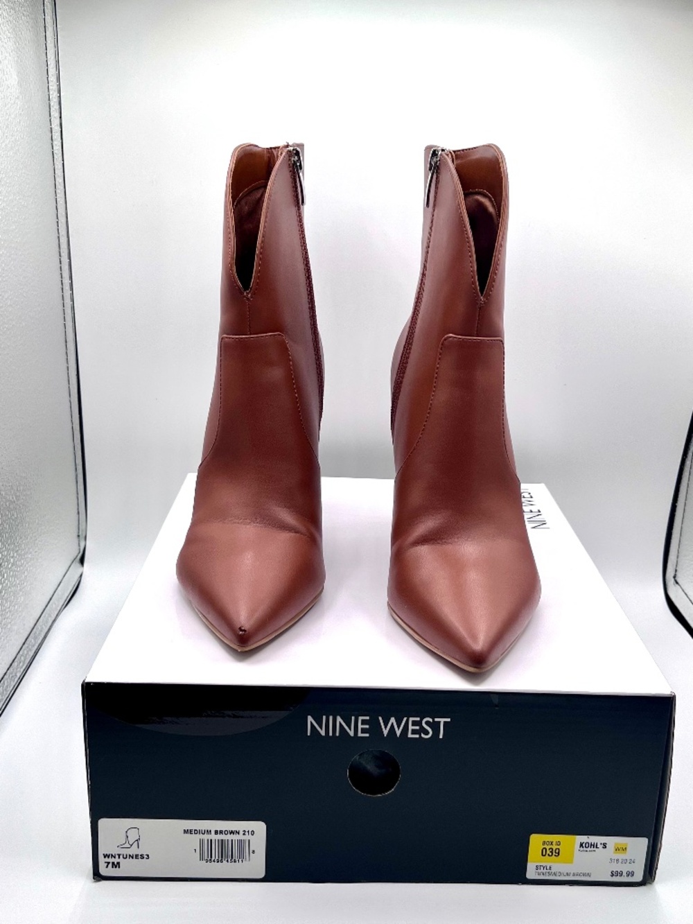 9 West Tolate Brown leather stiletto ankle bootie, size 7M